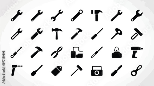 Collection of black tool icons on white background including wrenches hammers screwdrivers and other equipment for diy projects and construction work