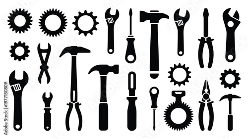 Collection of black silhouette tools and gears on white background for repair diy and industrial concepts