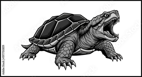 Fierce Alligator Snapping Turtle with Mouth Open, Aggressive Reptile Illustration