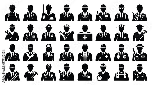 Collection of 30 black silhouette icons depicting various professionals and workers in different occupations and industries on white background
