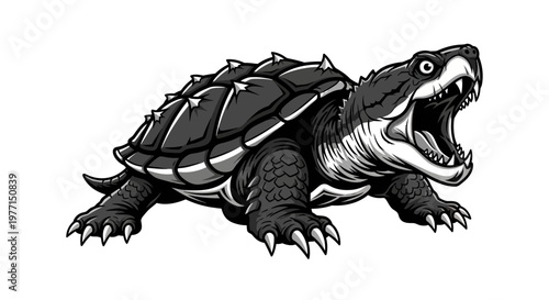 Aggressive Alligator Snapping Turtle with Open Mouth and Sharp Teeth, Vector Art
