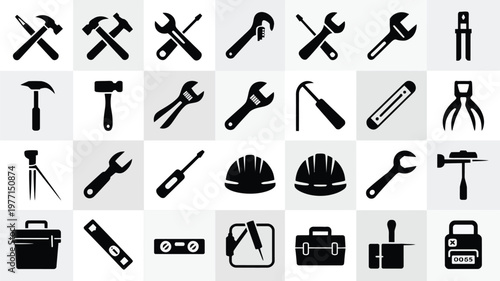 Collection of 30 minimalist black silhouettes of various construction and repair tools on a light grey background