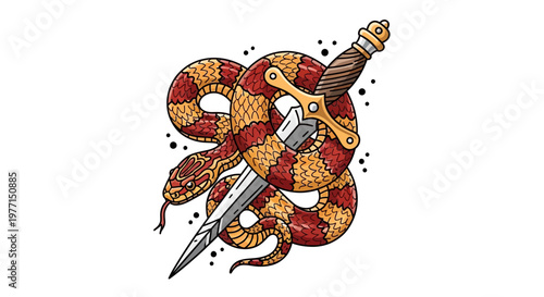 Snake Wrapped Around Dagger, Tattoo Style Illustration