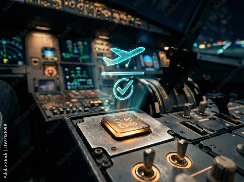 Fototapeta premium Smart airplane cockpit with holographic navigation and flight data