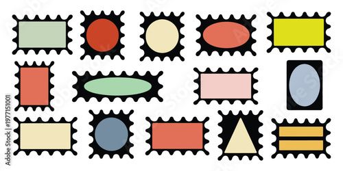 Abstract irregular organic shapes set with colorful cute vector frame boxes, hand drawn rough collage style, wavy background textures, text rectangle banners and playful geometric figure elements