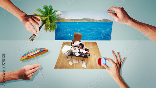 Εκτύπωση καμβά Exhausted office worker sleeping at desk with tropical beach image and hands placing objects around scene