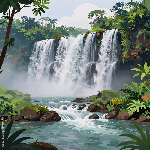 Synthwave Landscape Journey. A Serene Tropical Jungle Landscape With A Majestic Waterfall In An Illustrated Flat Design, Ideal For Nature-Themed Backgrounds