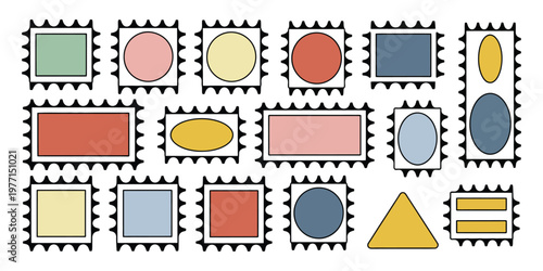 Abstract irregular organic shapes set with colorful cute vector frame boxes, hand drawn rough collage style, wavy background textures, text rectangle banners and playful geometric figure elements