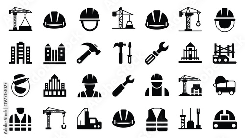 Construction icons set including hard hats tools cranes and buildings for industrial and business concepts
