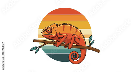 Retro Chameleon on Branch Sunset Vintage Style