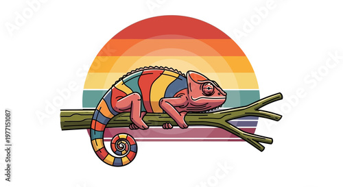 Colorful Chameleon on Branch Retro Sunset Graphic Design