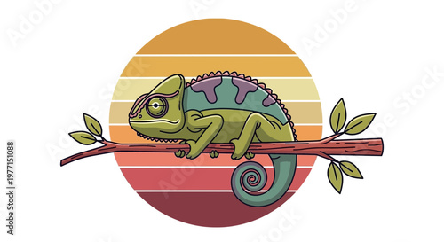 Chameleon on Branch Retro Sunset Circle, Vintage Animal Illustration