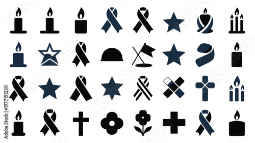 Minimalist memorial icons set including candles ribbons stars and crosses for awareness and tribute on white background