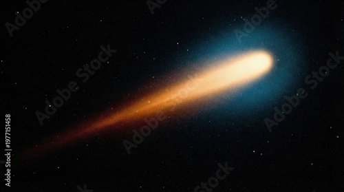 Glowing comet trail with orange and cyan tails streaking across space background