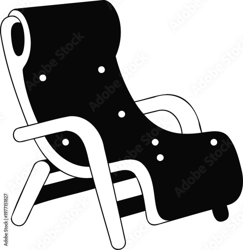 Black and white illustration of a reclining chair with armrests and footrest  simple design