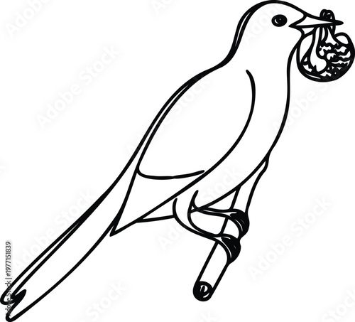 Black and white illustration of bird holding ornament in its beak  perched on branch