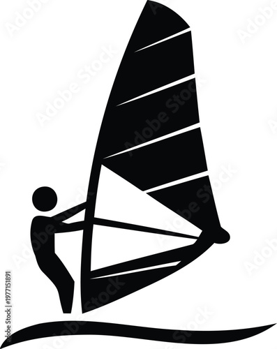 Black silhouette of a person windsurfing on water with sailboard and sail in motion  action sports
