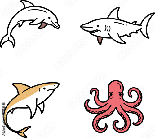 Black and yellow marine animal line set animals