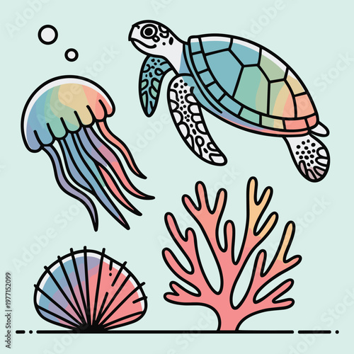 Blue and orange marine life line with seashell and starfish