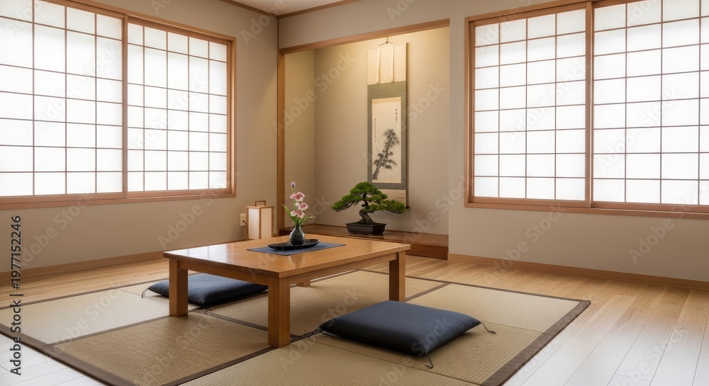 Fototapeta premium A serene Japanese room features a tatami mat floor and a low table with cushions. A bonsai tree and a small vase of flowers are placed on the table.