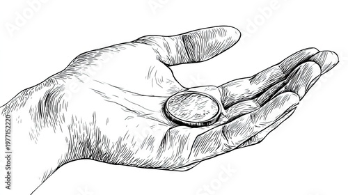 Human palm holds a single round metallic object in a detailed sketch style.