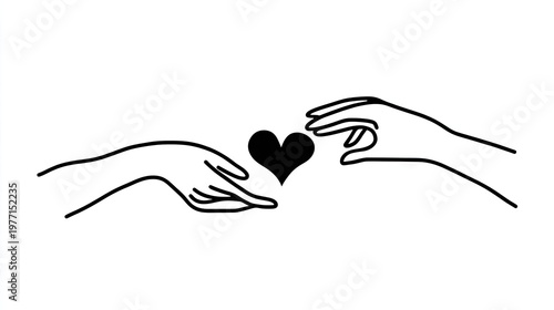 Two minimalist hands reach toward a central solid heart shape in simple black outline design