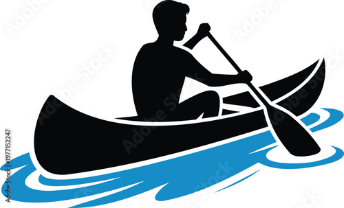 Man paddling canoe on rippling blue water with oar  outdoor recreation activity