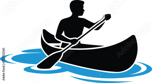 Man in a canoe paddling through calm water with a single paddle