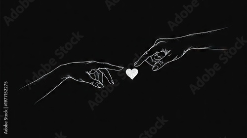 Two stylized hands approach a small white heart against a dark background