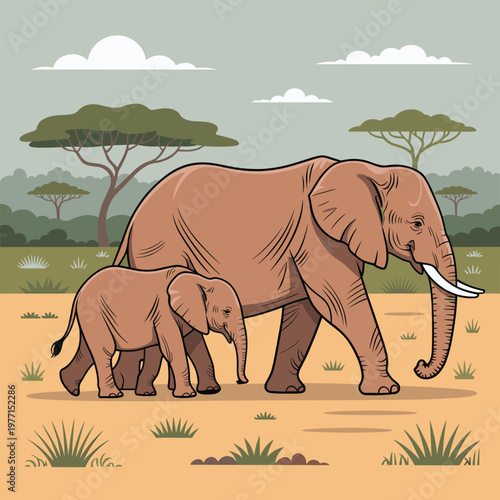 Brown elephant family walking in african savanna