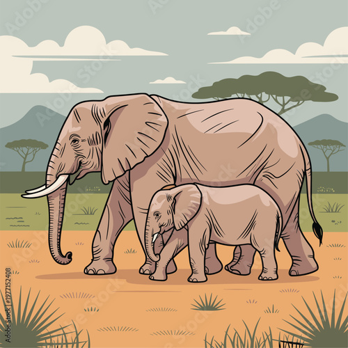 Family of elephants walking in the savanna, sunset lighting