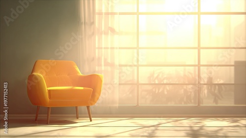 Bright sunlight floods an interior room showcasing a single orange armchair next to a large paneled window.