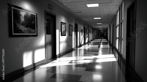 Long interior hallway illuminated by strong parallel shafts of sunlight creating dramatic shadows