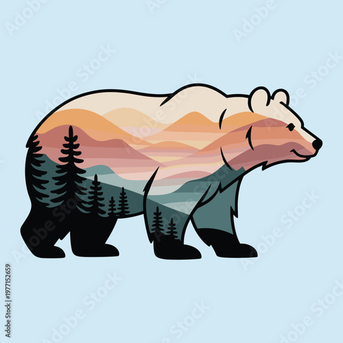 Minimal bear in sunset, wildlife line silhouette