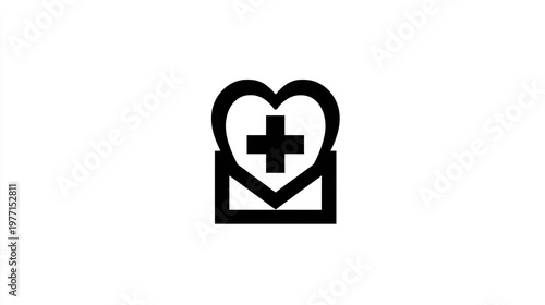 Stylized icon combining a heart shape with a medical cross above an open envelope graphic