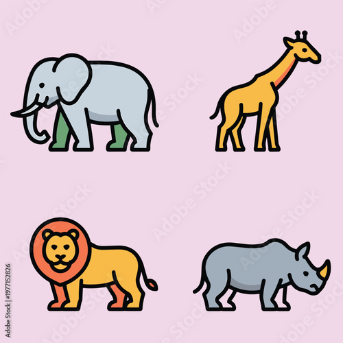 Minimalist line safari animals: elephant, giraffe, lion, hippo