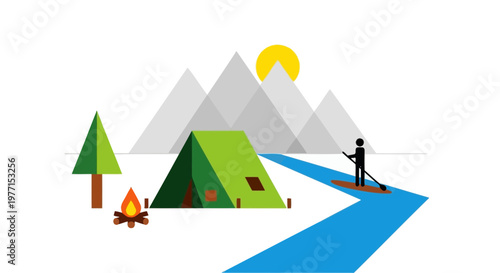 Camping adventure illustration featuring tent fire and paddleboarder on river