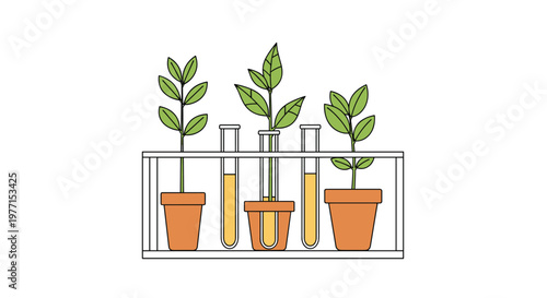 Minimalist illustration of green plants growing in terracotta pots and glass test tubes arranged on a white laboratory shelf.