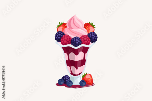 Strawberry Soft Serve Ice Cream Sundae in Tall Glass with Fresh Mixed Berries and Fruit Syrup, Vector Illustration.