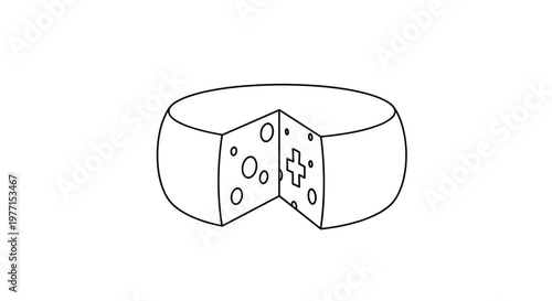 Large wheel of swiss cheese with holes and a single wedge missing shown in a clean black and white line art vector style.