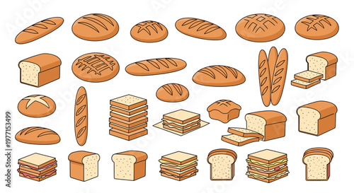 Extensive collection of various baked goods including loafs of bread, baguette sticks, and different types of stacked sandwiches.