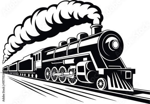 An old vintage steam locomotive train on railway tracks in the morning with classic metal design and retro transportation style