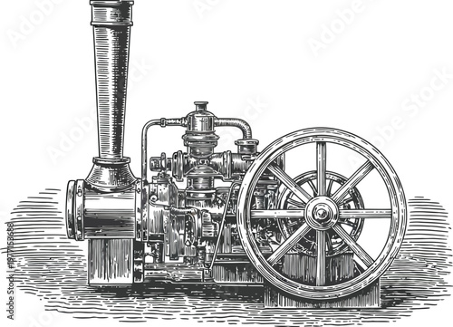 Old industrial oil pump engine with vintage metal machinery and steam-powered design features