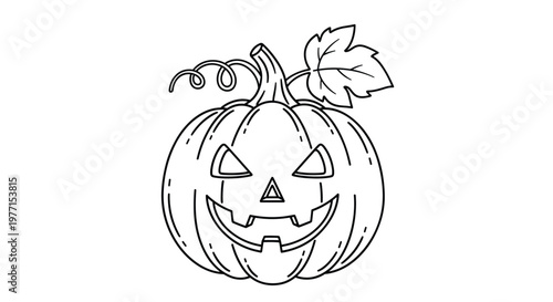 Traditional halloween jack-o-lantern pumpkin with carved smiling face and single leaf on top in black and white line art.