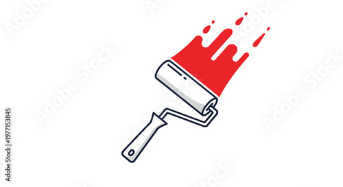 Painting roller applies vibrant red paint to surface leaving fluid drips and strokes against plain white background.