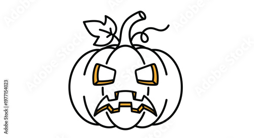 Angry halloween pumpkin carving illustration features sharp eyes and menacing jagged mouth in bold black and white outline.