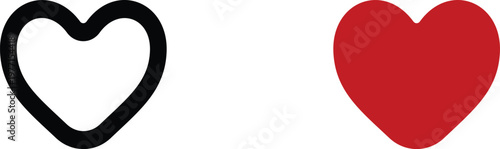 Two heart icons outline and filled red for love and romance 