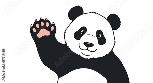 Friendly panda bear cartoon waves its large black paw while smiling warmly in close-up portrait with white background.