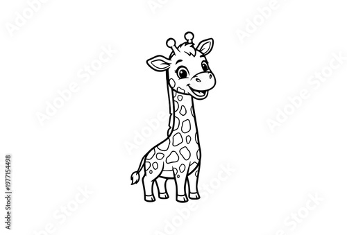 Cute cartoon giraffe coloring page vector in black and white with smiling animal character isolated on white background