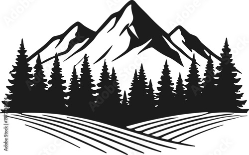 Mountain landscape vector illustration with jagged peaks, evergreen forest, plowed farmland rows, minimalistic black and white decorative nature artwork